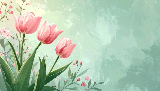 Delicate pink tulips bloom against a textured, pastel-green background - Powered by Adobe