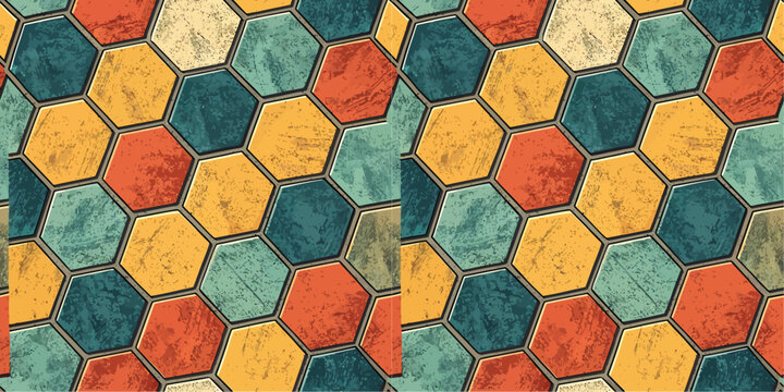 Colorful vintage hexagonal pattern with warm and cool tones creating a harmonious design.