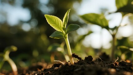 A young plant sprouting from soil in a natural outdoor setting with sunlight filtering through.