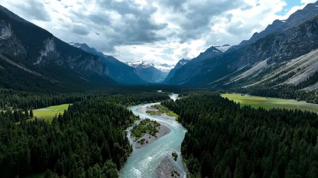 Wide aerial shot revealing a majestic river meandering through a vast, untouched valley under a dramatic, cloudy sky aerial view, scale, immensity