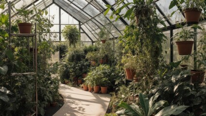 Obraz premium Inside a greenhouse, lush plants fill the space with a pathway leading towards the sunlight