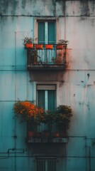 Urban Balcony with Plants and Natural Light Reflection at Dusk