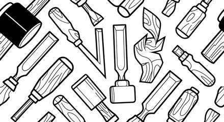 Collection of woodworking chisels and tools in a repeating pattern.