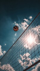 Volleyball in Flight Against Bright Sky and Fluffy Clouds