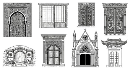 Collection of Vintage Architectural Door Illustrations from Different Cultures.