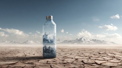 Isolated Water Bottle on Dry Cracked Landscape in Bright Daylight