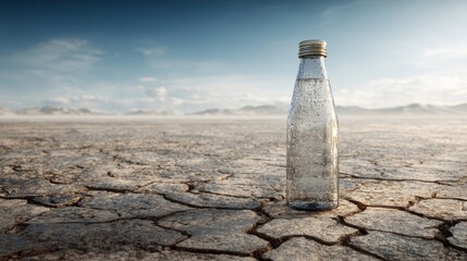 Glass Bottle on Dry Cracked Soil Under Clear Blue Sky