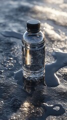 Clear Water Bottle Standing on Wet Surface with Reflective Light