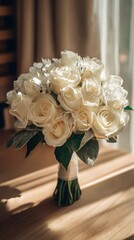 Elegant White Rose Bouquet with Greenery and Soft Natural Light