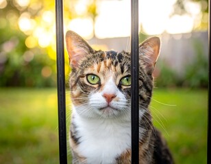 Close-up of a tabby cat with green eyes peeking through a black metal fence