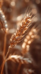 Close-Up of Golden Wheat Spike in Soft Focus with Warm Tones