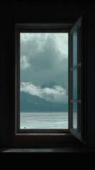 Scenic Window View with Mountains and Clouds in Calm Atmosphere
