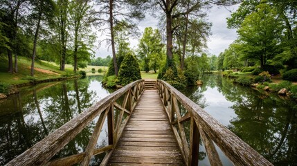 Scenic Wooden Bridge Over Calm Water in Peaceful Green Park