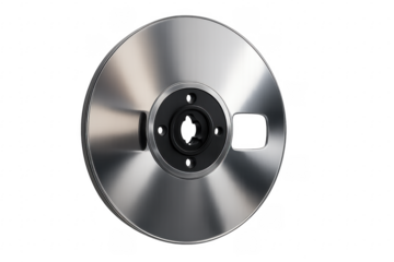 Empty metallic reel to reel audio tape spool on transparent background