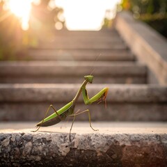 Green praying mantis on sunlit stone steps, nature