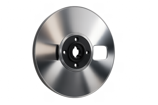 Empty metallic reel to reel audio tape spool on transparent background