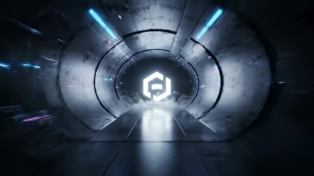Futuristic high-tech metallic tunnel with a glowing hexagonal logo in the center.