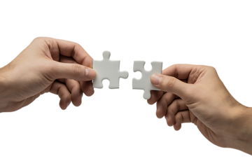 Hands connecting two white jigsaw puzzle pieces for a teamwork solution. Isolated on transparent background, png