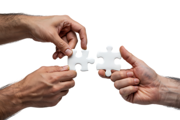 Hands connecting two white jigsaw puzzle pieces for a teamwork solution. Isolated on transparent background, png