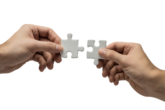 Hands connecting two white jigsaw puzzle pieces for a teamwork solution. Isolated on transparent background, png