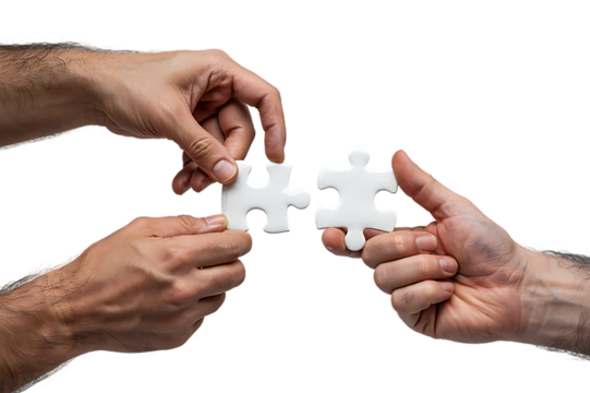 Hands connecting two white jigsaw puzzle pieces for a teamwork solution. Isolated on transparent background, png - Powered by Adobe