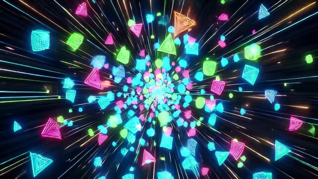 Colorful geometric shapes exploding in a vibrant digital space background