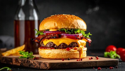 Delicious burger with melted cheese, bacon, and veggies