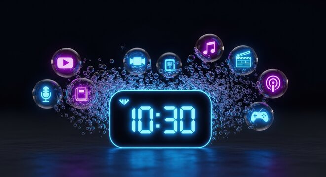 Digital clock with 10:30 time surrounded glowing bubbles containing various media technology icons, on dark, abstract background with atmospheric lighting.