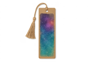 Bookmark displaying watercolor galaxy painting and jute tassel