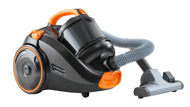 Black canister vacuum with orange accents and gray hose on a transparent background