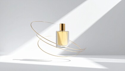 柔らかな光に浮かぶ香水ボトルとゴールドラインのミニマル構成 generative ai