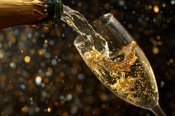 Pouring bubbly champagne into a sparkling glass creates a celebratory mood for festive occasions and special moments, perfect for joyful toasts