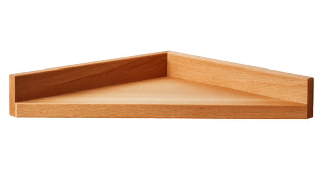 Wooden triangular shelf, empty and light brown in color, is isolated against a black background, centered composition