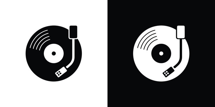 Vinyl Record Player Icon Black and White Music Audio Flat