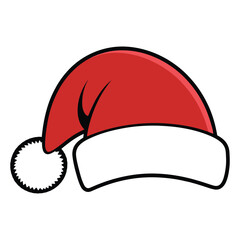 Festive Red Santa Hat Illustration with White Fur Trim and Pom Pom for Holiday Celebrations and Winter Greetings Design Element