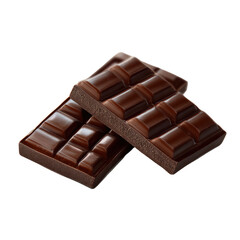 Fototapeta premium Two squares of glossy dark chocolate lie stacked on each other against a black background, highlighting the rich texture