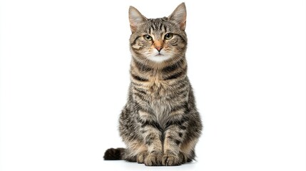 Fototapeta premium Studio portrait of a sitting tabby cat looking forward against a white back ground