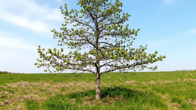 Young oak tree rapidly blossoms and leafs out, a timelapse depicting its vibrant spring awakening as lush green foliage emerges nature, oak tree, season
