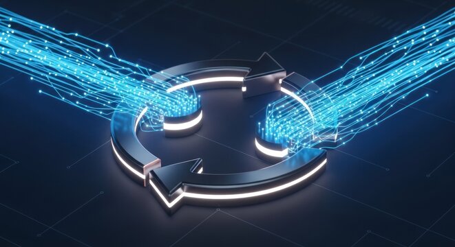 Futuristic digital cycle with glowing blue data streams illuminated lines for advanced technology seamless data flow for innovation connectivity.