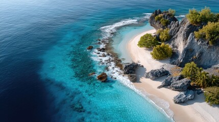 Aerial View Of A Curved Tropical Beach With Rocky Outcrops And Lush Green Trees Meeting The Crystal Clear Turquoise Ocean Water Under Bright Sunlight