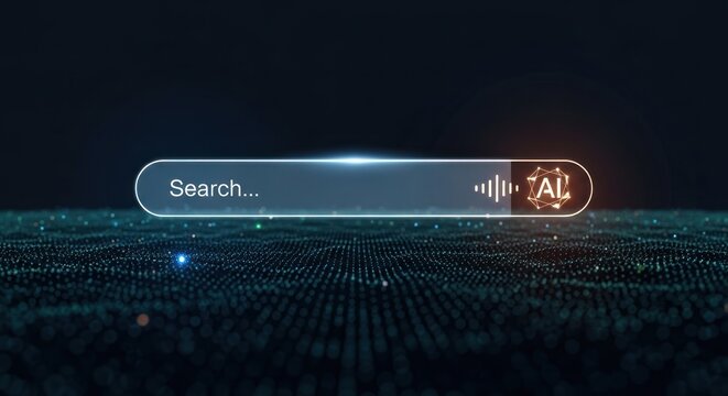 Futuristic digital interface displays search with text "search..." ai icon, on dark background with glowing bokeh lights for data.