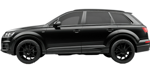 Sleek, black SUV with dark tinted windows shown from the side profile on a plain black background