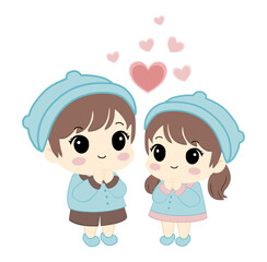 Cute couple vector illustration of a boy and girl in matching outfits with heart elements. Perfect for Valentine’s Day cards, romantic designs, stickers, or wedding invitations