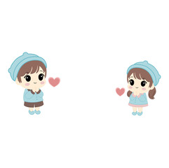 Cute couple vector illustration of a boy and girl in matching outfits with heart elements. Perfect for Valentine’s Day cards, romantic designs, stickers, or wedding invitations