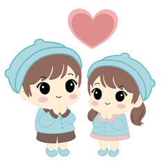 Cute couple vector illustration of a boy and girl in matching outfits with heart elements. Perfect for Valentine’s Day cards, romantic designs, stickers, or wedding invitations
