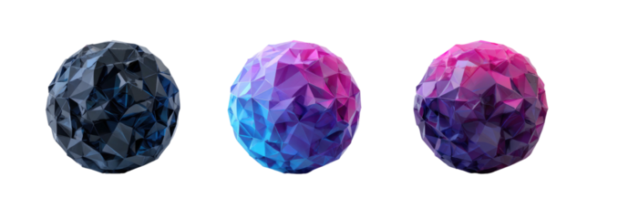 Three faceted spheres display distinct color palettes set against a black background