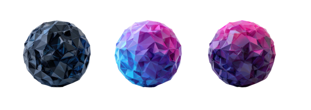 Three faceted spheres display distinct color palettes set against a black background