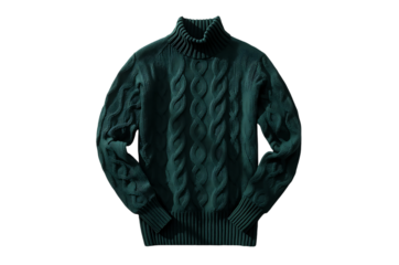 Dark teal cable knit turtleneck sweater on black background