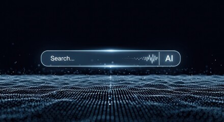 Futuristic digital search interface with text "search..." ai symbol with waveform, on dark, abstract background glowing particles digital landscape.