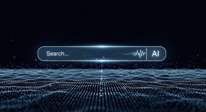 Futuristic digital search interface with text "search..." ai symbol with waveform, on dark, abstract background glowing particles digital landscape.